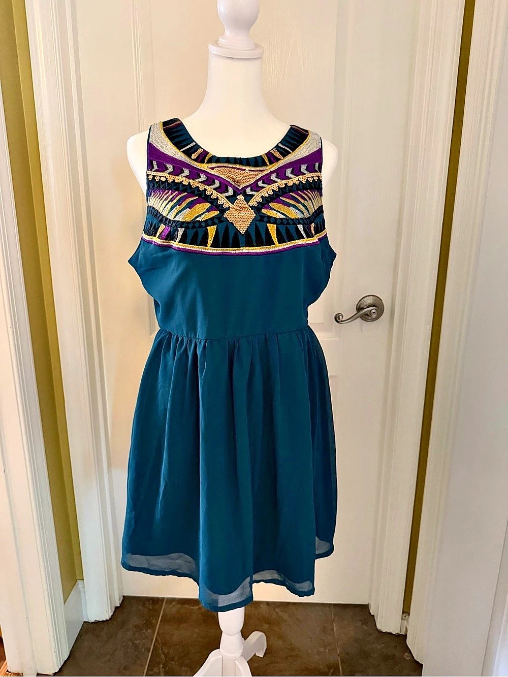 Embroidered Mini Dress in Blue & Black Like New